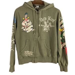 ED HARDY Hoodie Sweatshirt M Y2K Vintage Graphic-All -Over Embroidery Long-Sleev
